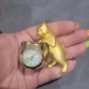 Elgin Miniature Collectable Desk Clock Cat Needs Batteries